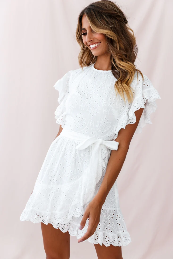 Lena Frill Detail Broderie Anglaise Dress White - Image 6
