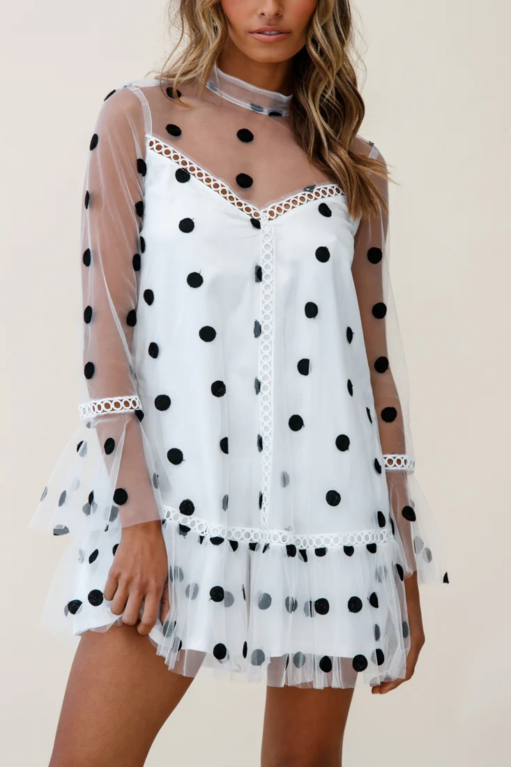 Lena Sheer Overlay High Neck Polka Dot Romper Dress White - Image 4