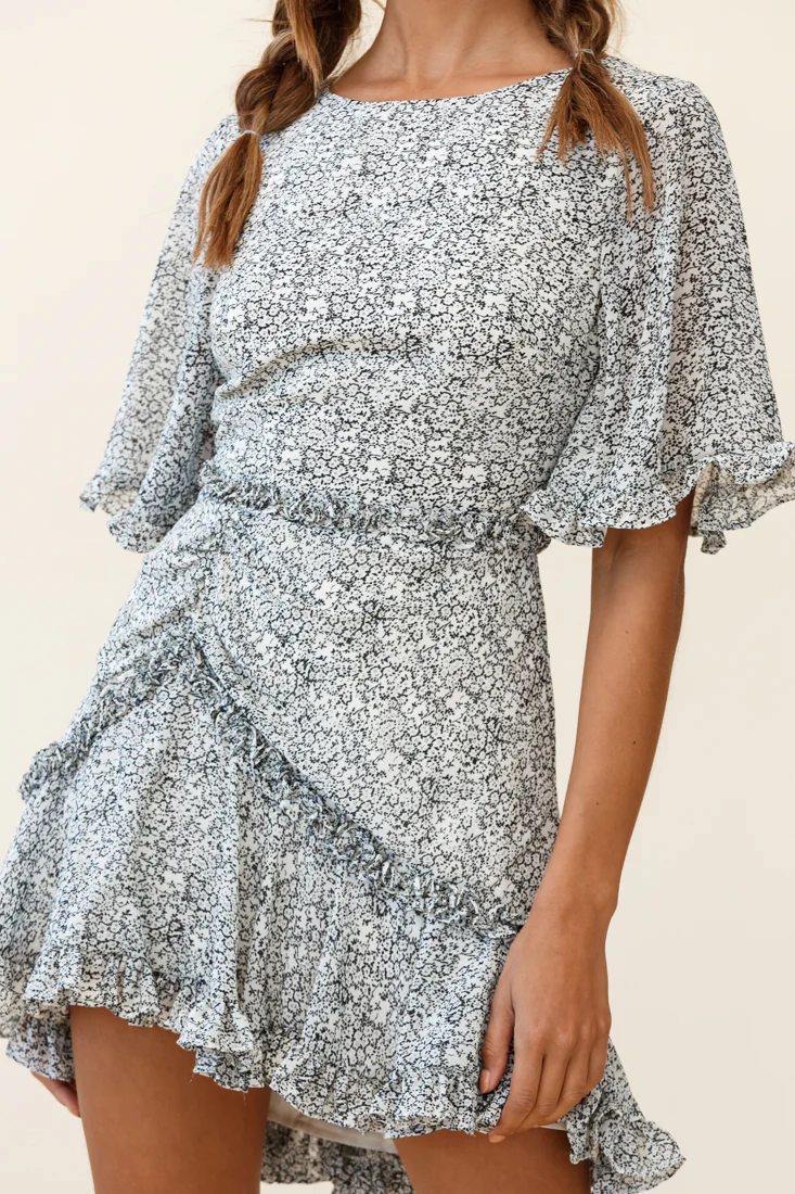 Leona Half Sleeve Frill Trim Dress Floral Print Black - Image 6