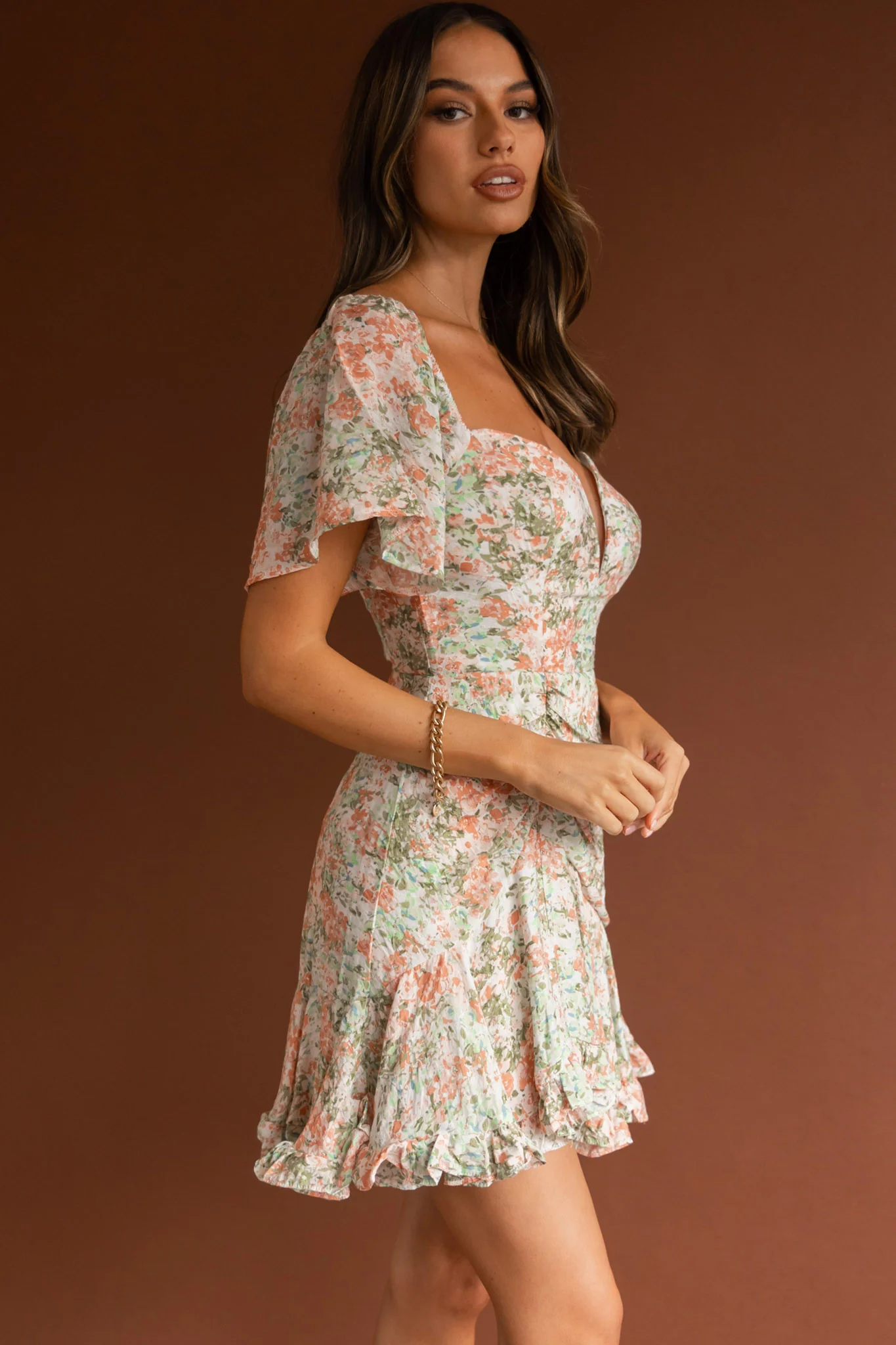 Leona V-Bust Frill Mini Dress Floral Peach - Image 7