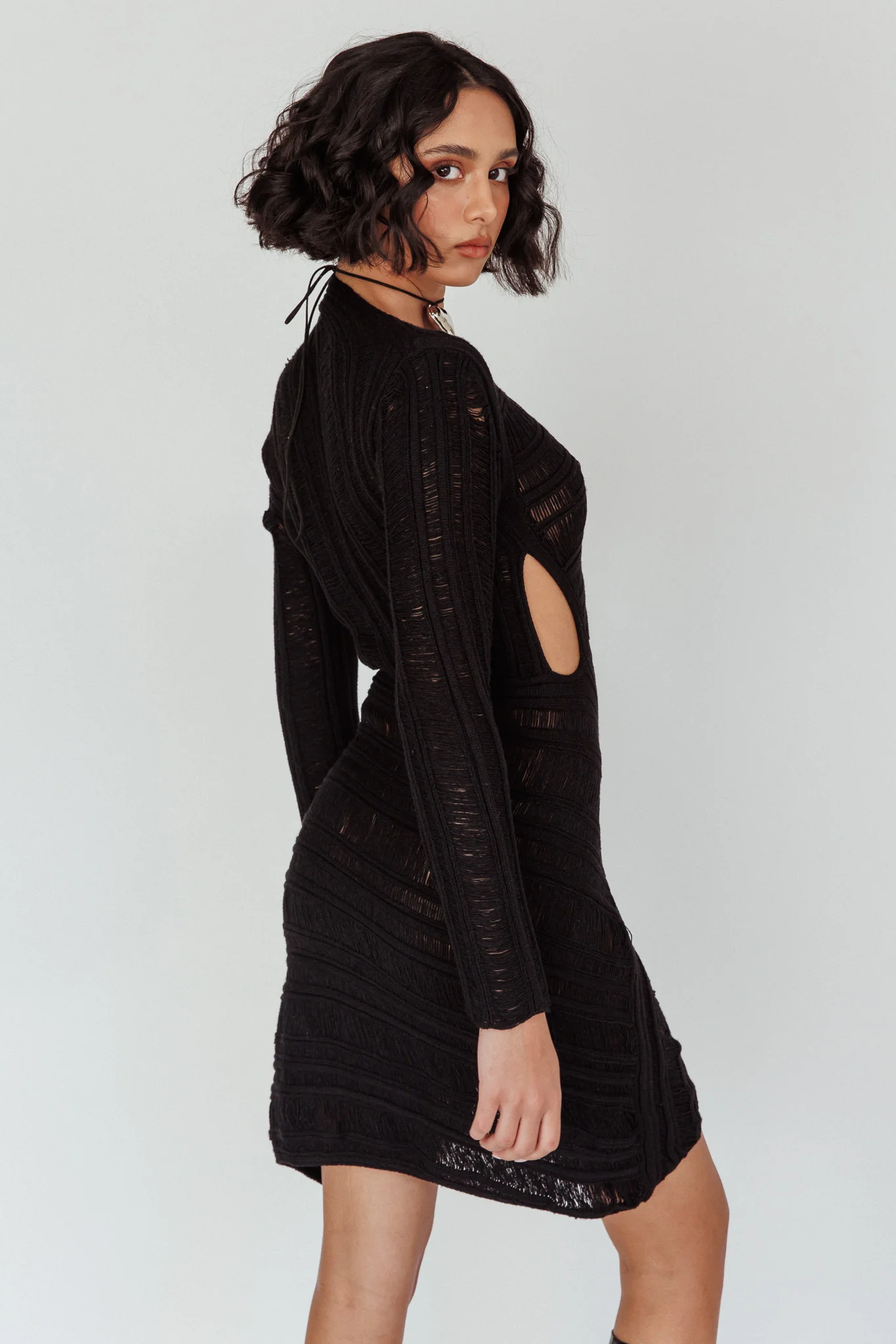 Leyanne Crochet Long Sleeve Cut-Out Mini Dress Black - Image 2
