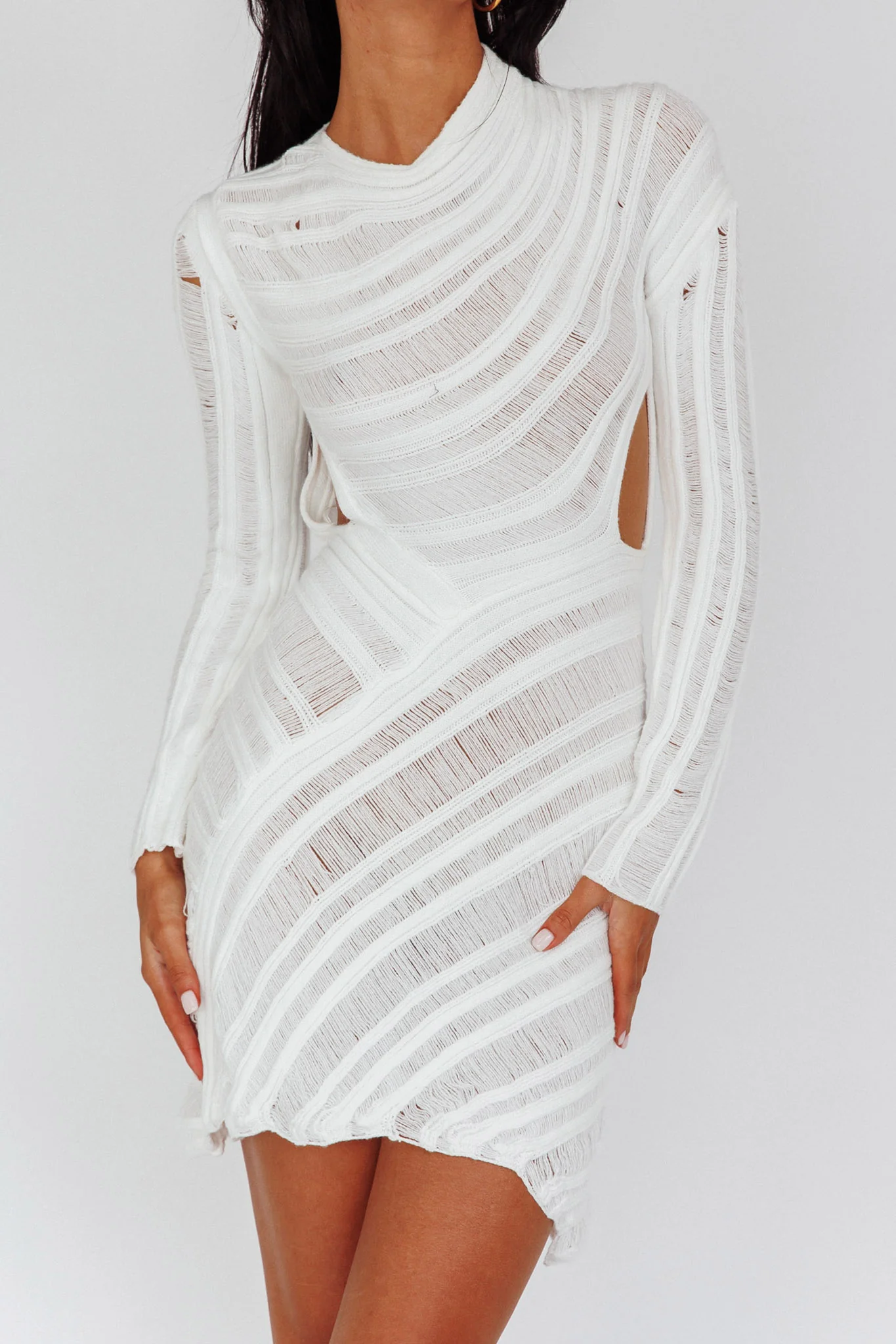 Leyanne Crochet Long Sleeve Cut-Out Mini Dress Ivory - Image 4