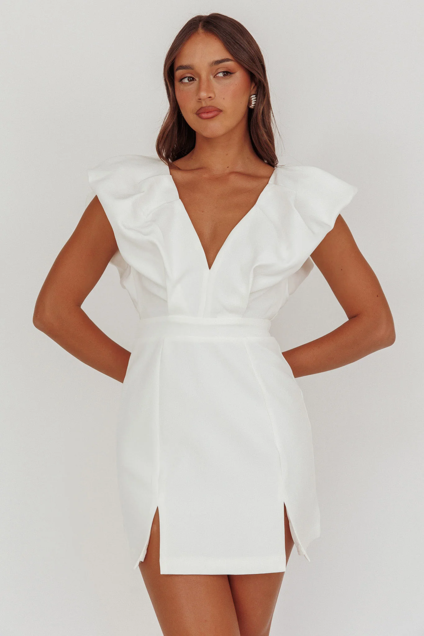 Liardon Bubble Sleeve V-Neckline Mini Dress White - Image 5