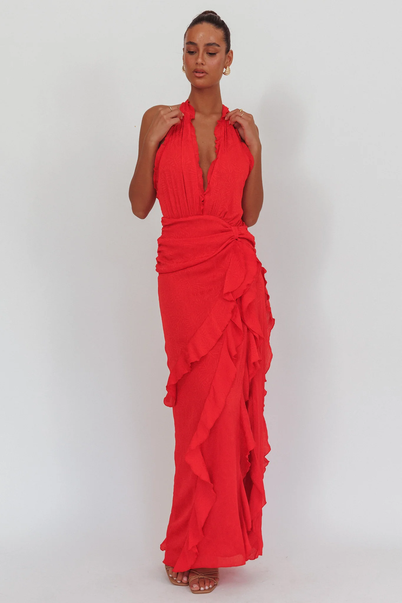 Libre Plunging Halter Ruffle Maxi Dress Red - Image 2