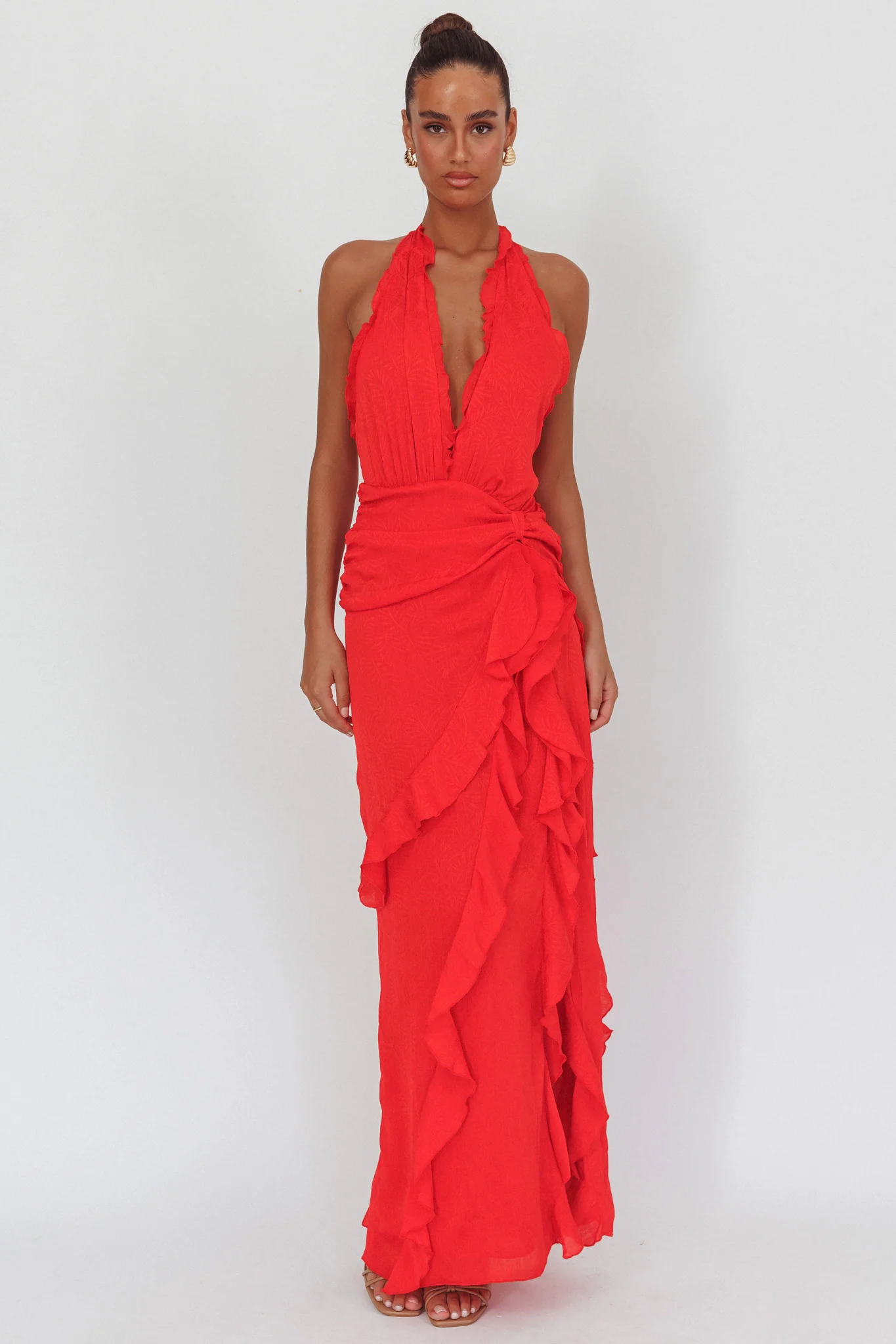 Libre Plunging Halter Ruffle Maxi Dress Red - Image 5