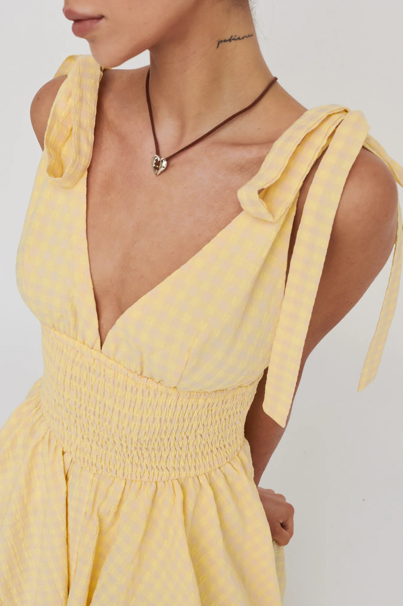 Lido Tied Shoulder Shirred Romper Lemon - Image 3