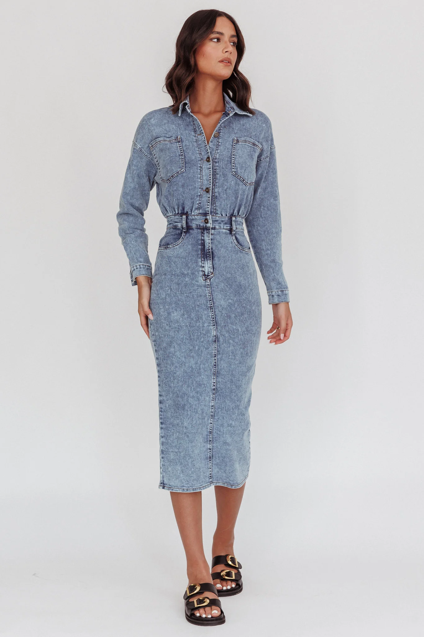 Light Inside Long Sleeve Midi Dress Denim Blue - Image 4