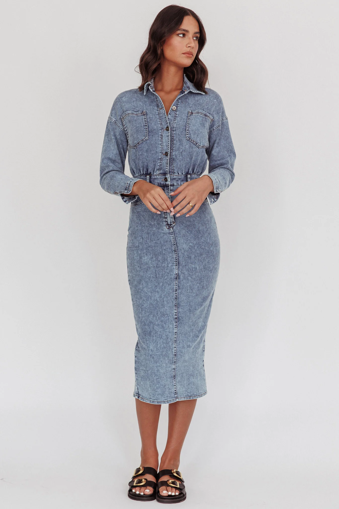Light Inside Long Sleeve Midi Dress Denim Blue - Image 6