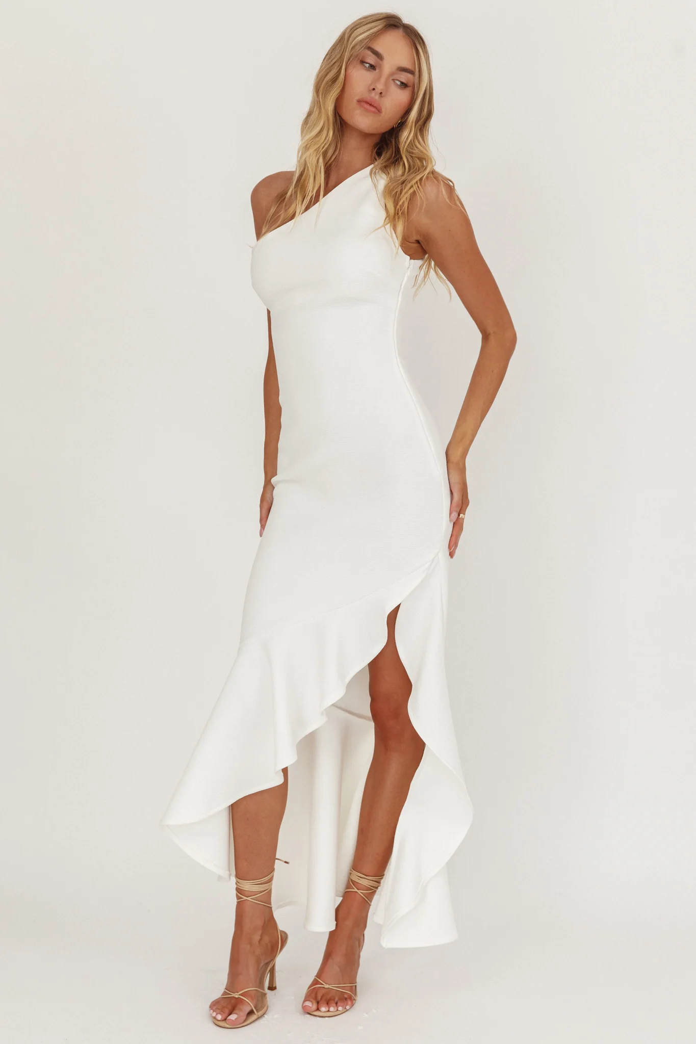 Lights On One-Shoulder Split Ruffle Hem Maxi Dress White - Image 4