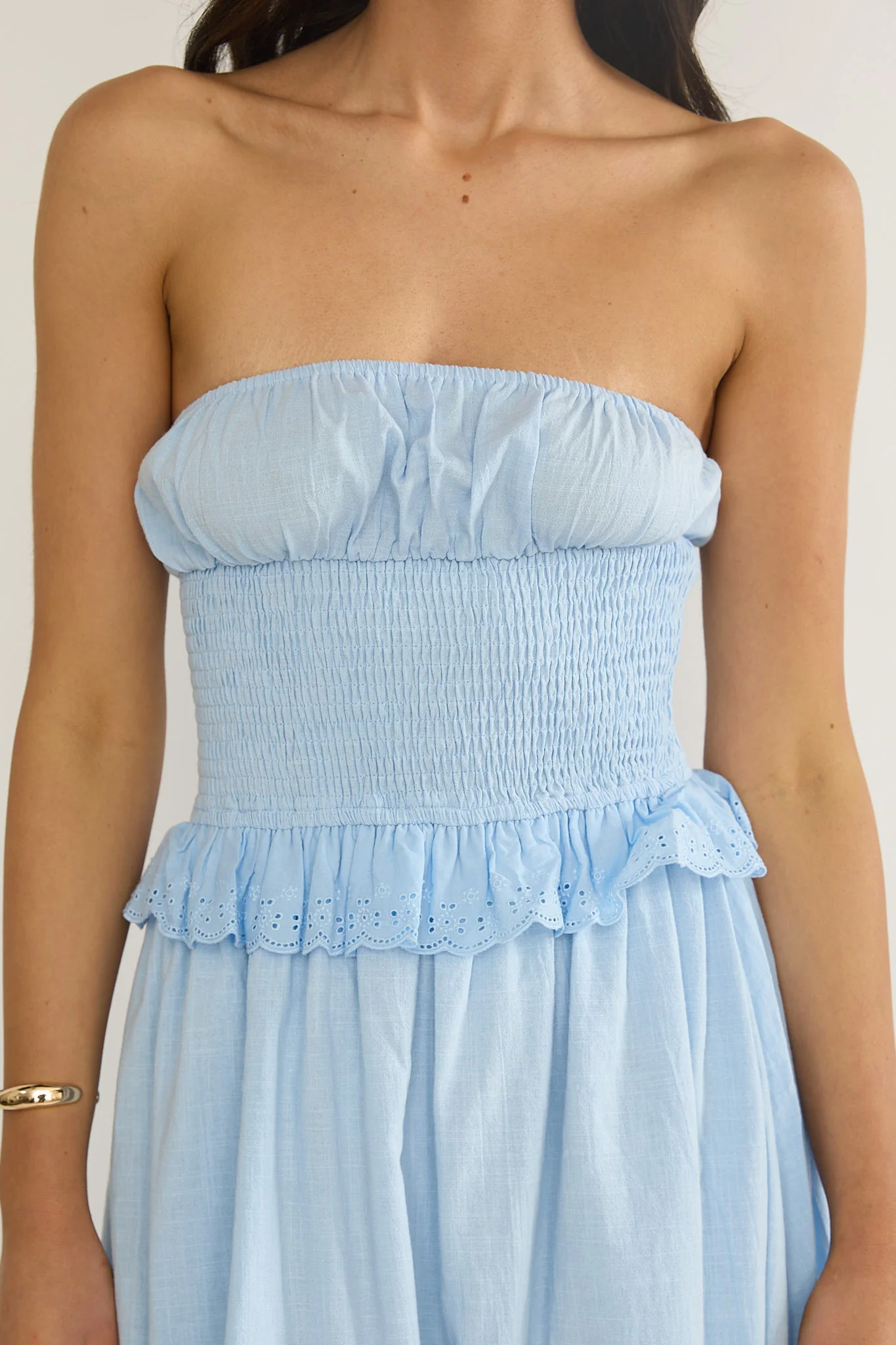 Lija Strapless Shirred Bodice Midi Dress Light Blue - Image 4