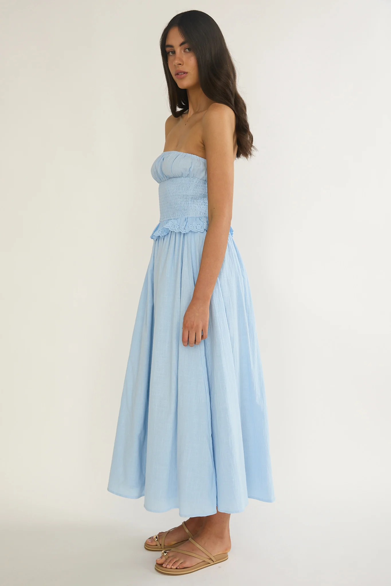 Lija Strapless Shirred Bodice Midi Dress Light Blue - Image 6