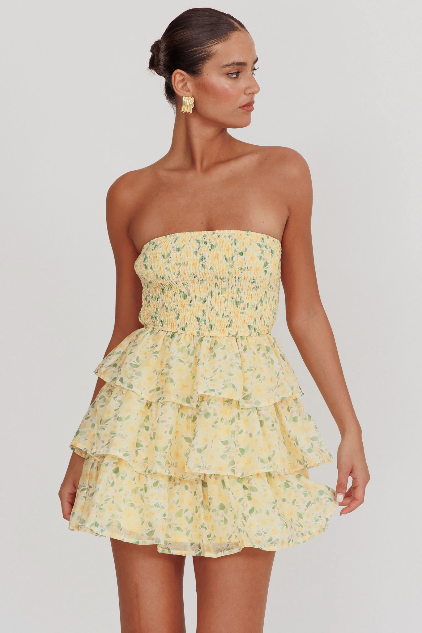 Like Angels Shirred Bodice Ruffle Mini Dress Yellow - Image 3
