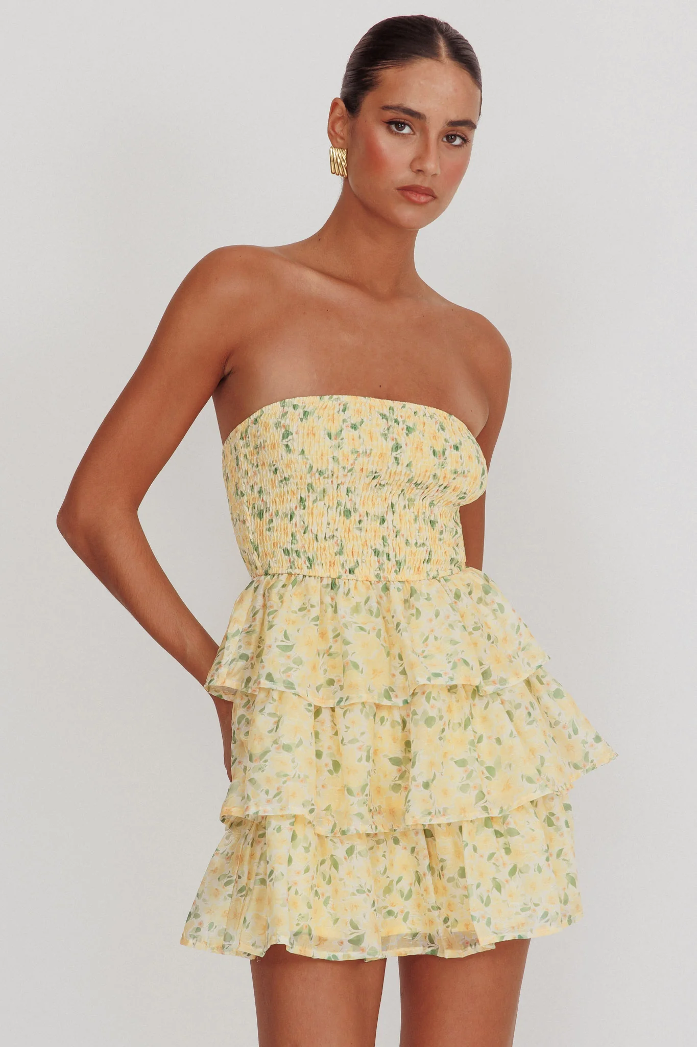 Like Angels Shirred Bodice Ruffle Mini Dress Yellow - Image 5