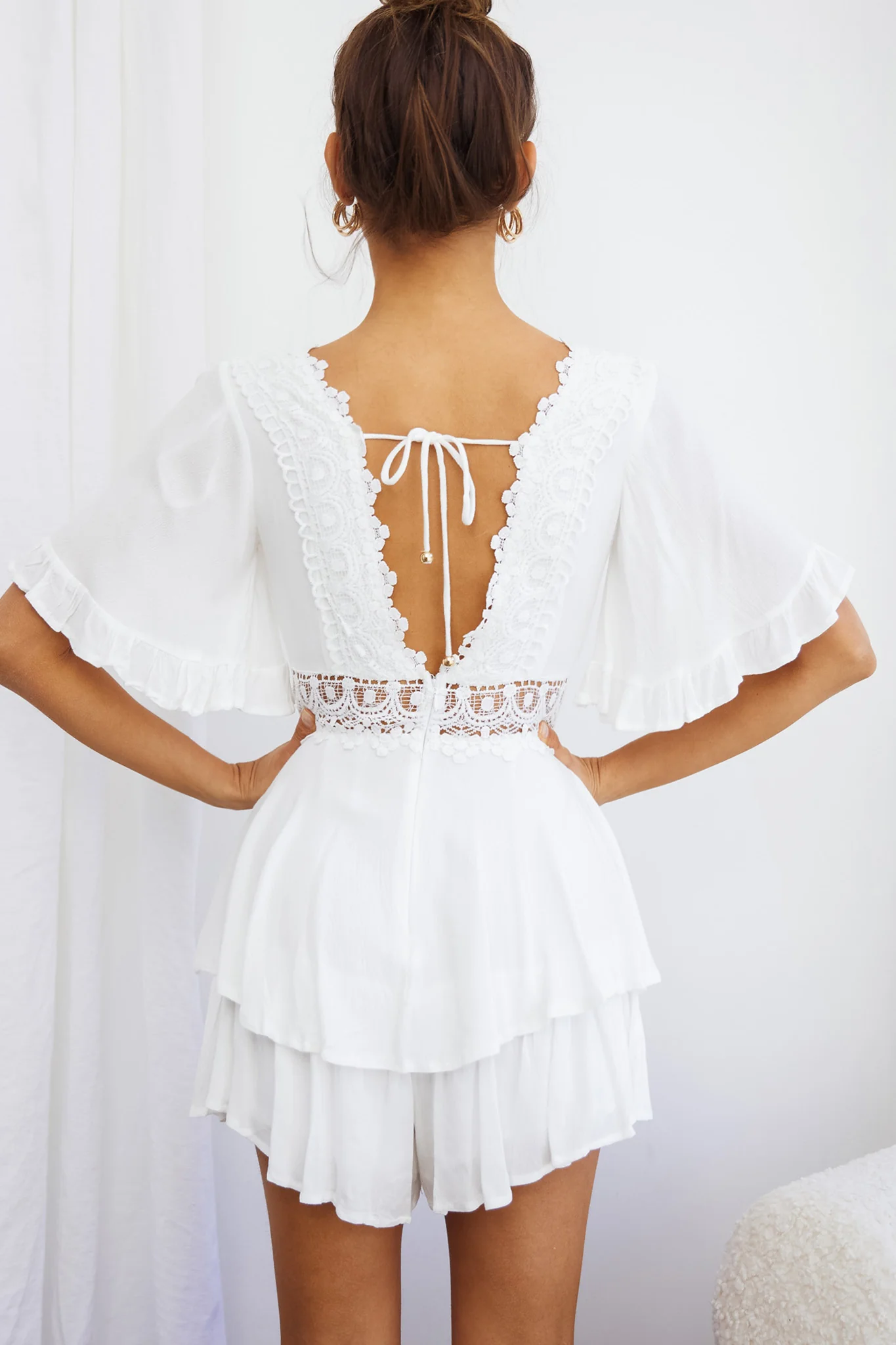 Lillian Crochet Lace Trim Flounce Hem Romper White - Image 2