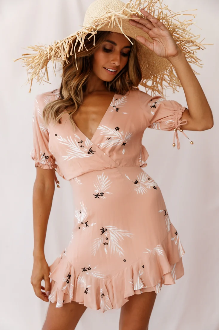 Lilo Surplice Neckline Cut-Out Back Dress Botanic Print Nude - Image 3