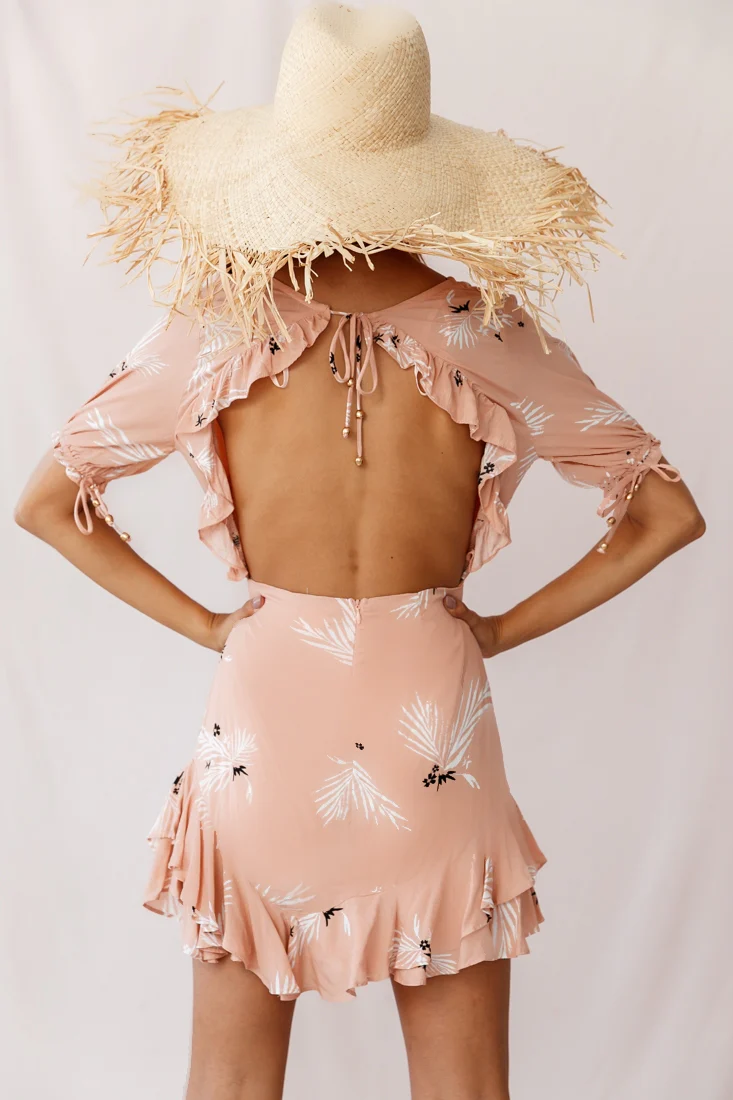 Lilo Surplice Neckline Cut-Out Back Dress Botanic Print Nude - Image 4
