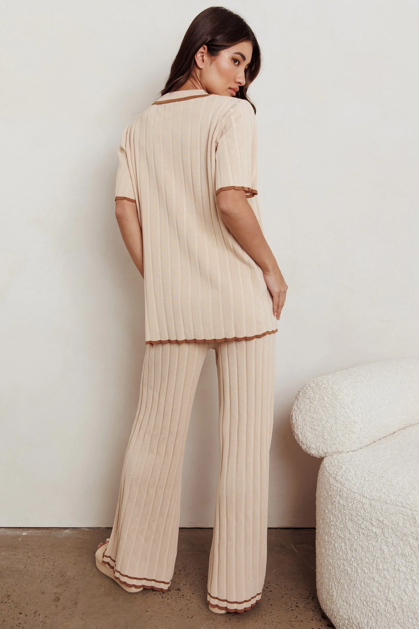 Liloh Contrast Ribbed Wide Leg Pant Beige - Image 4