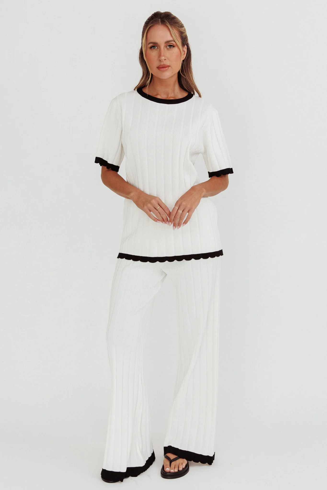Liloh Contrast Trim Ribbed Knit Pants White - Image 5