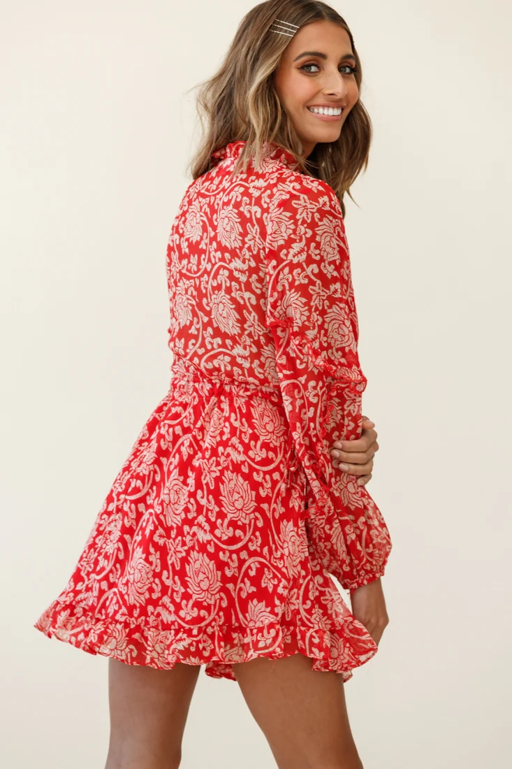 Lima Long Sleeve Drawstring Waist Frill Dress Floral Print Red - Image 6