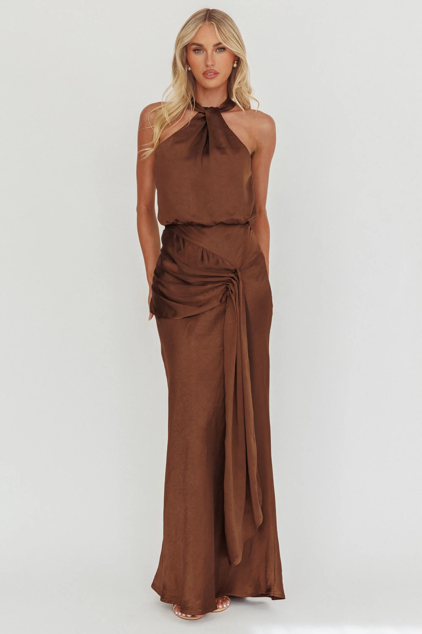 Linette Halterneck Draped Sash Maxi Dress Chocolate - Image 3