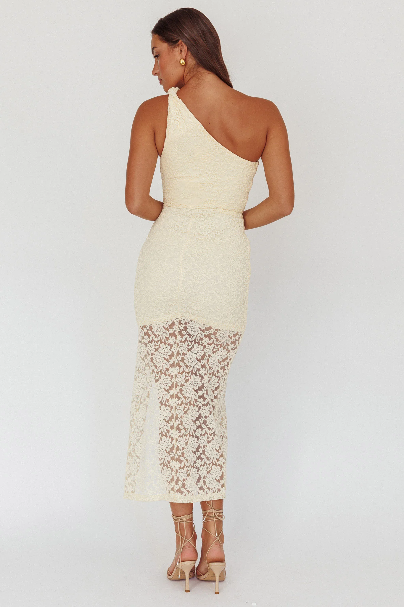 Lingering Love One-Shoulder Split Midi Dress Lace Yellow - Image 3