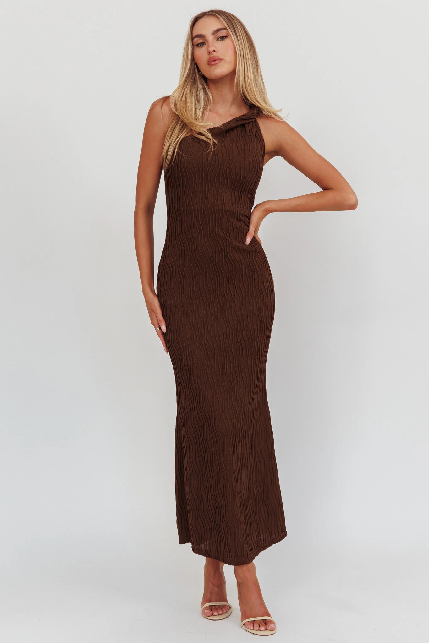 Lingering Love One-Shoulder Twist Maxi Dress Chocolate - Image 5