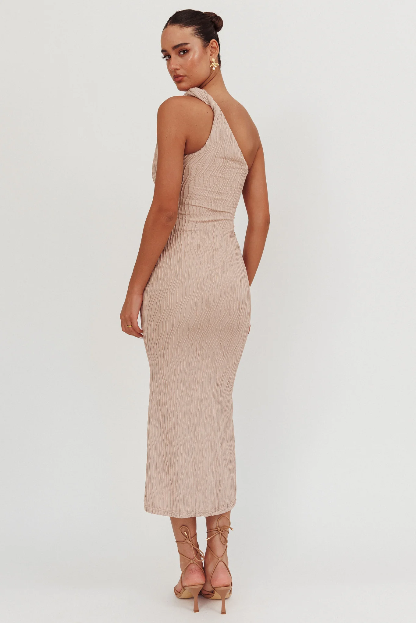 Lingering Love One-Shoulder Twist Midi Dress Beige - Image 2