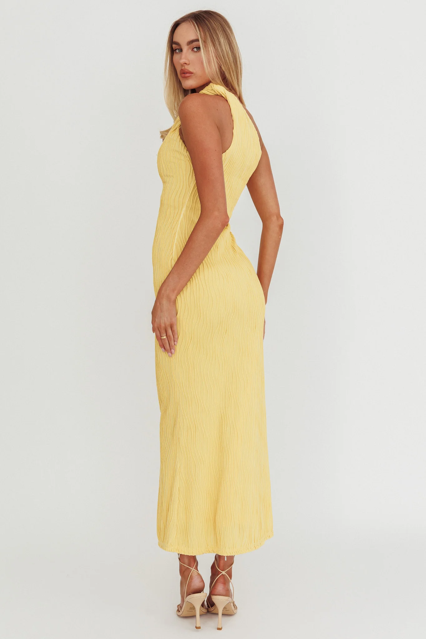 Lingering Love One-Shoulder Twist Midi Dress Lemon - Image 2