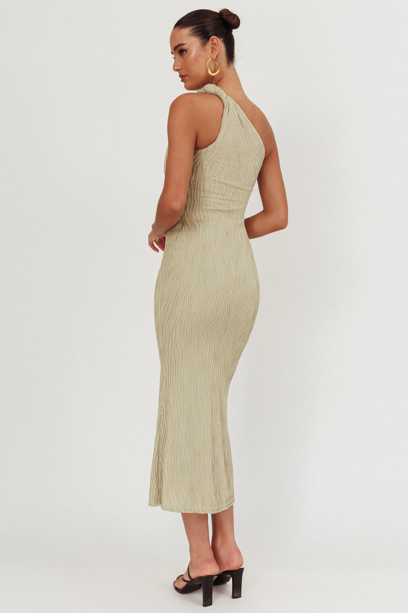 Lingering Love One-Shoulder Twist Midi Dress Sage - Image 2