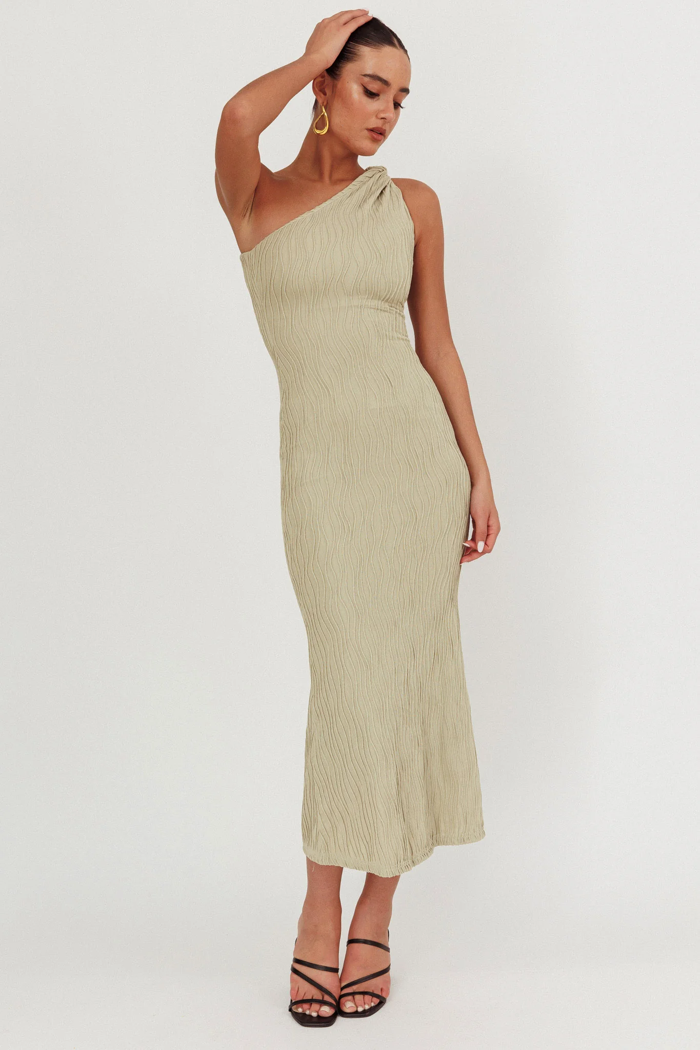 Lingering Love One-Shoulder Twist Midi Dress Sage - Image 5