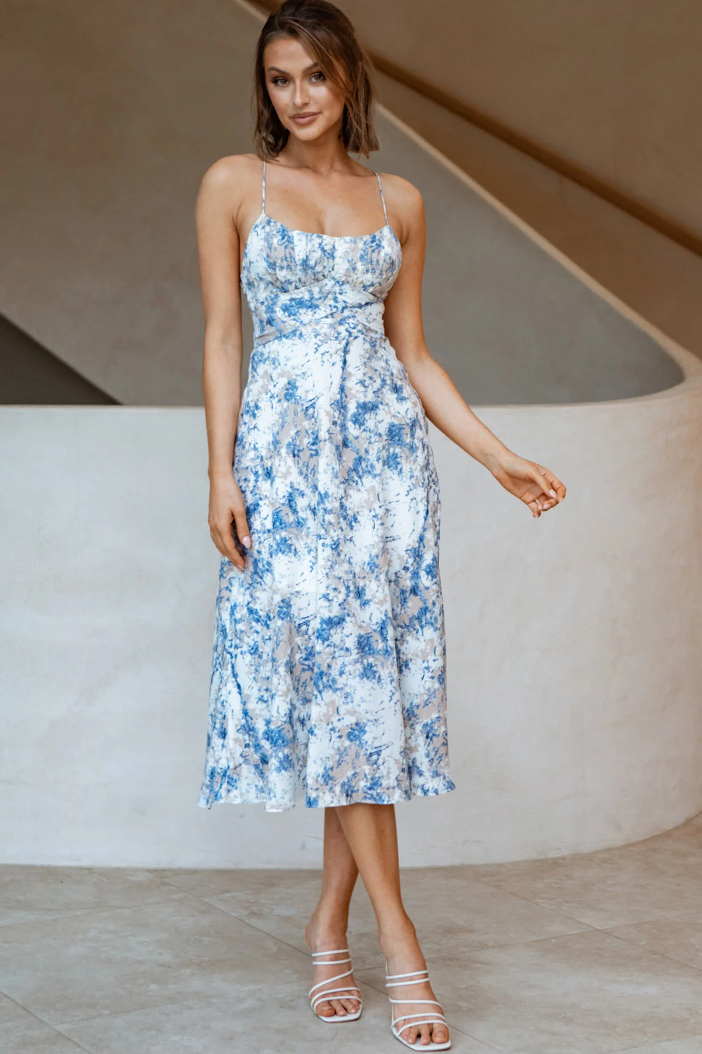 Linka Cami Strap Midi Dress Marble Print Blue - Image 3