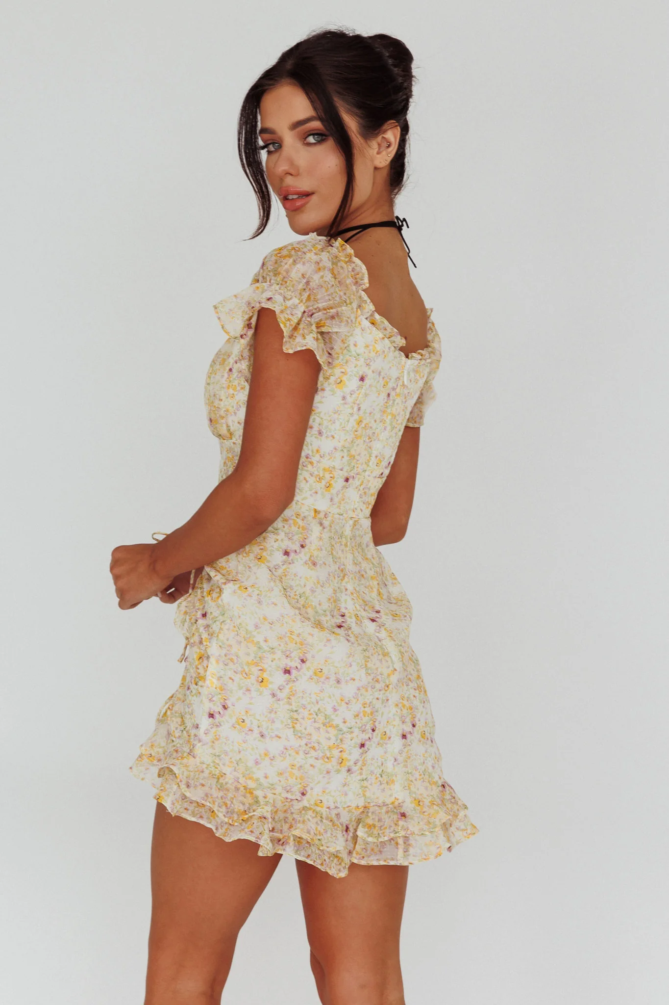 Linka Drawstring Detail Frill Dress Floral Beige - Image 2
