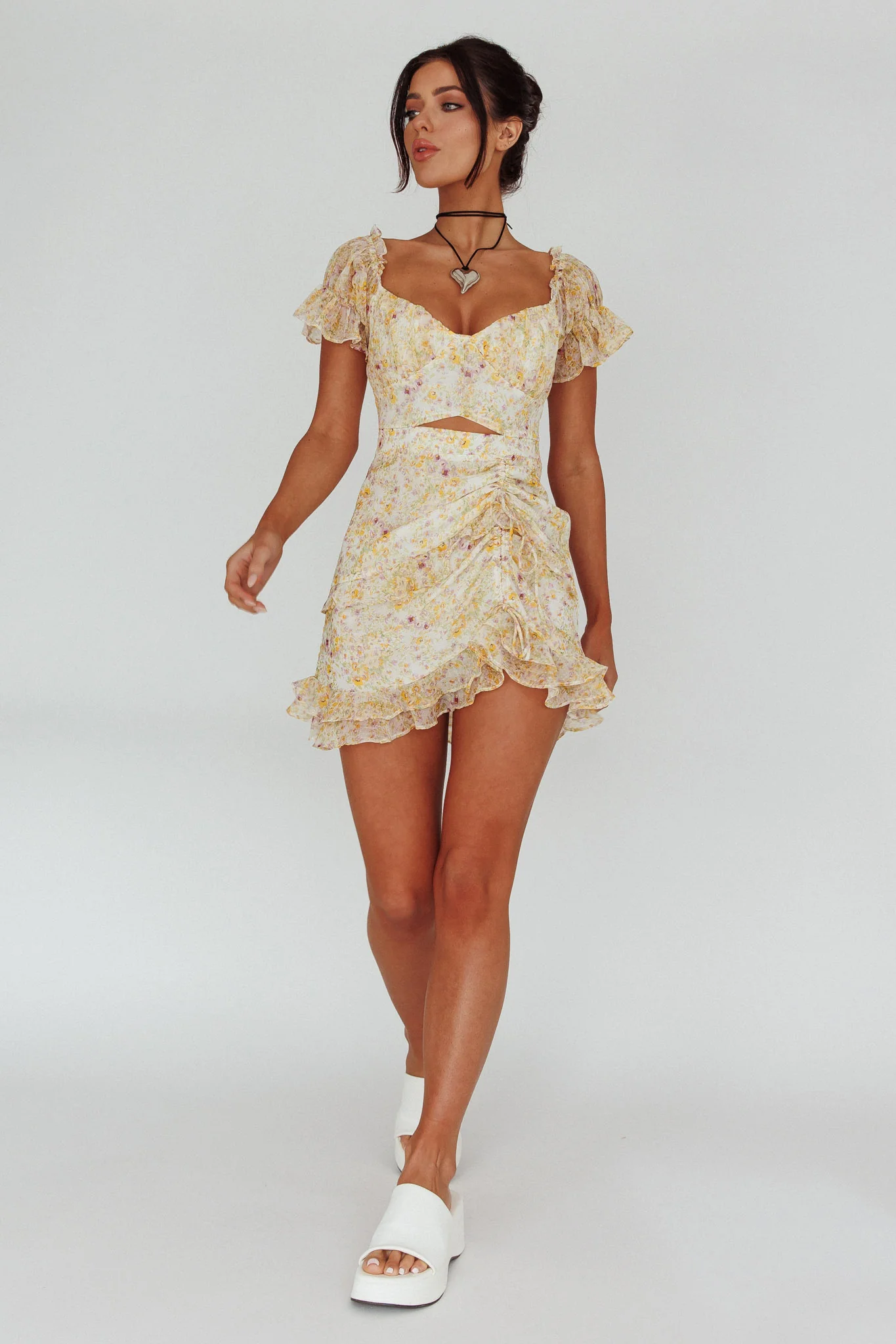 Linka Drawstring Detail Frill Dress Floral Beige - Image 5