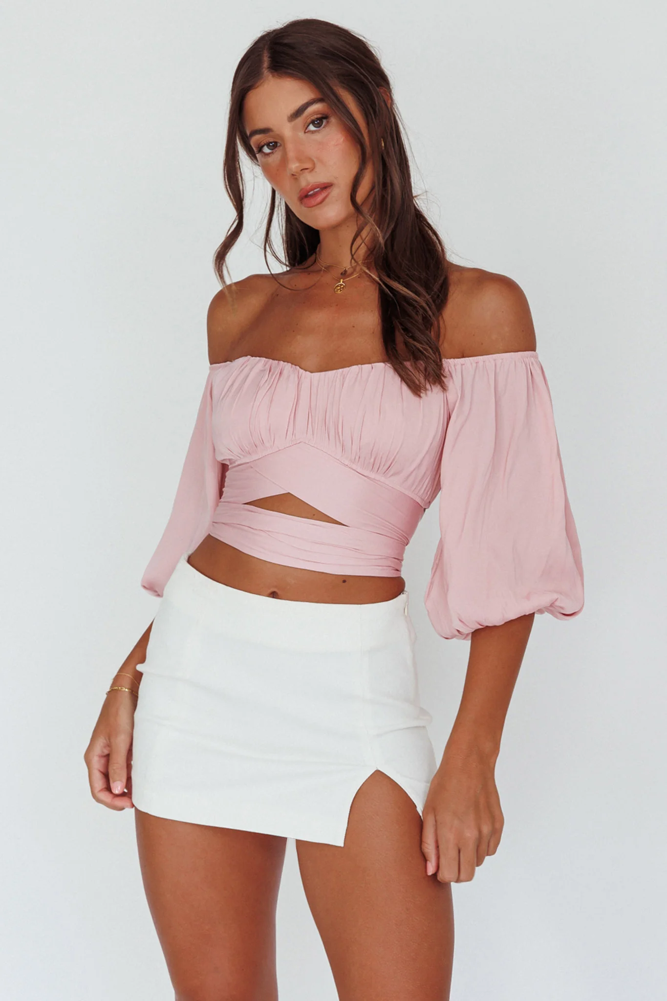 Linka Off-Shoulder Half Sleeve Tie-Back Crop Top Blush - Image 5