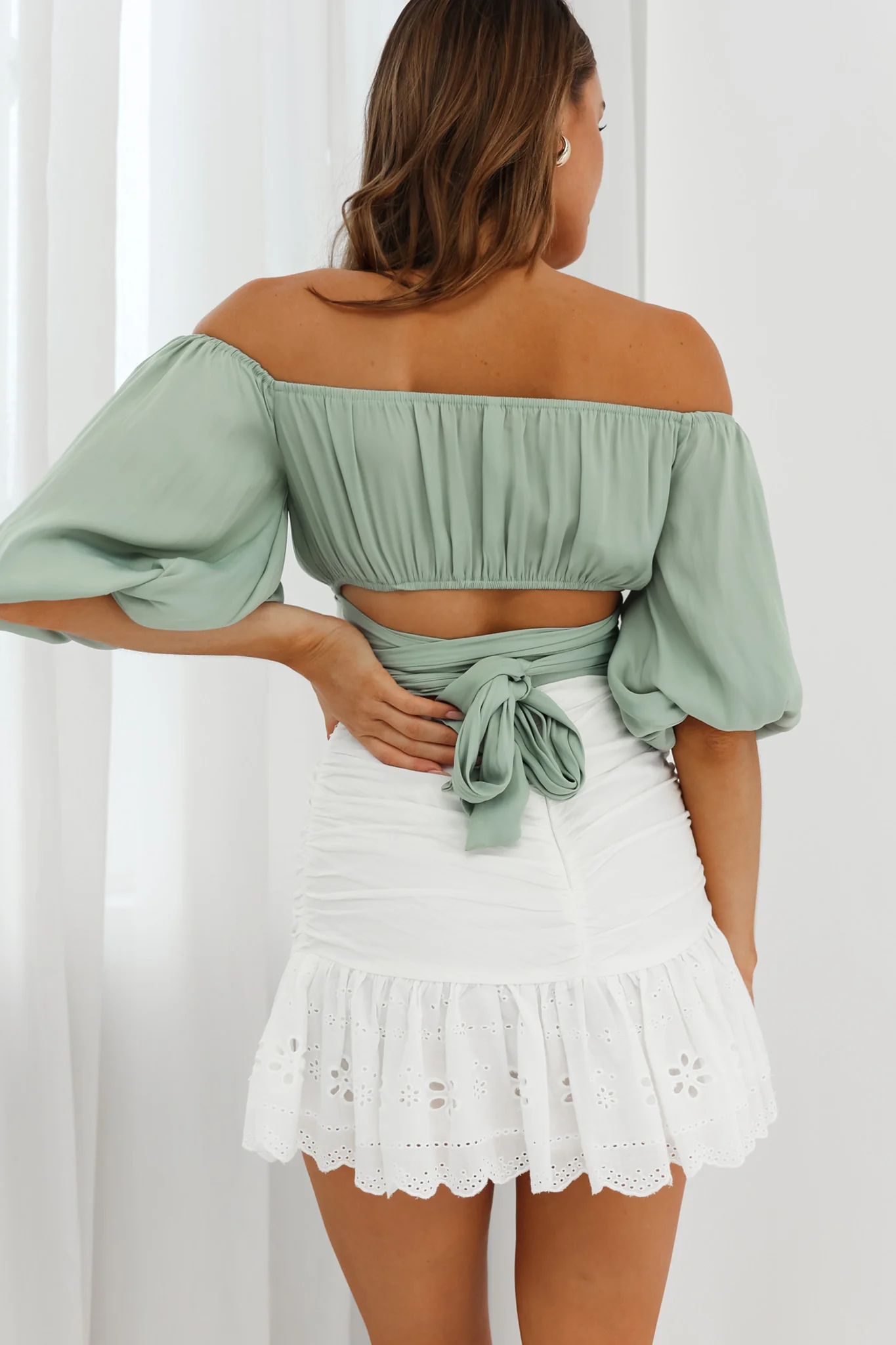 Linka Off-Shoulder Half Sleeve Tie-Back Crop Top Pistachio - Image 2