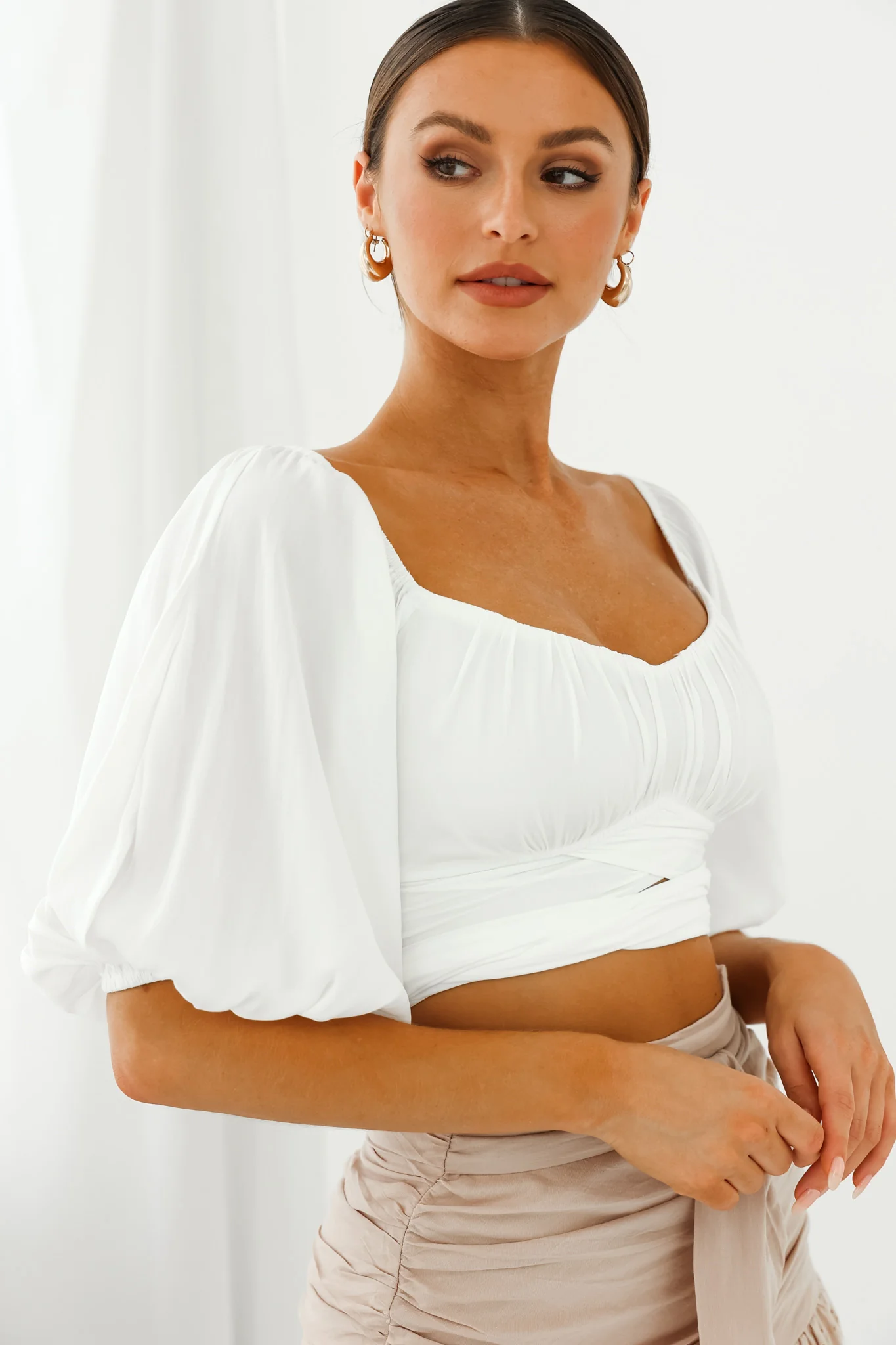 Linka Off-Shoulder Half Sleeve Tie-Back Crop Top White - Image 4