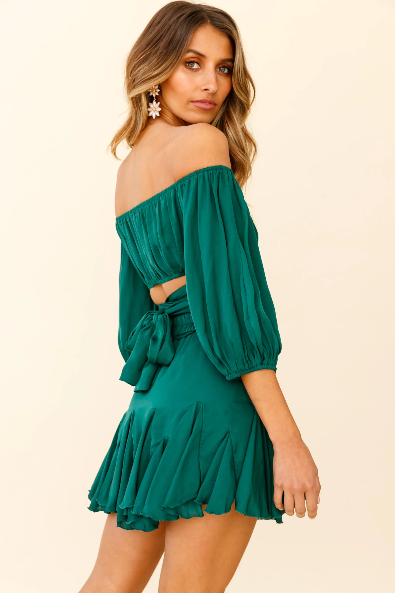 Linka Off-Shoulder Half Sleeve Tie-Back Crop Top Forest Green - Image 2