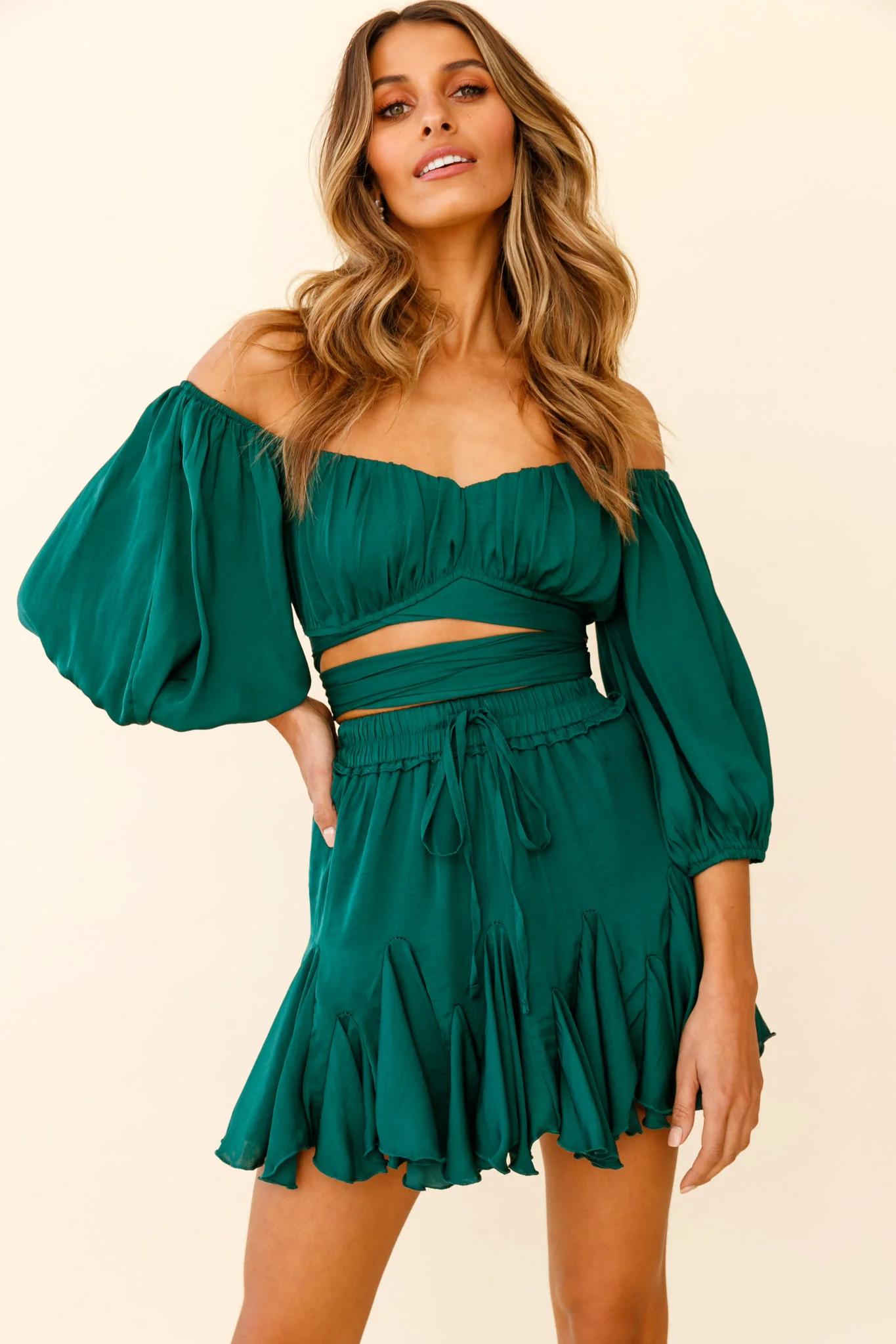 Linka Off-Shoulder Half Sleeve Tie-Back Crop Top Forest Green - Image 6