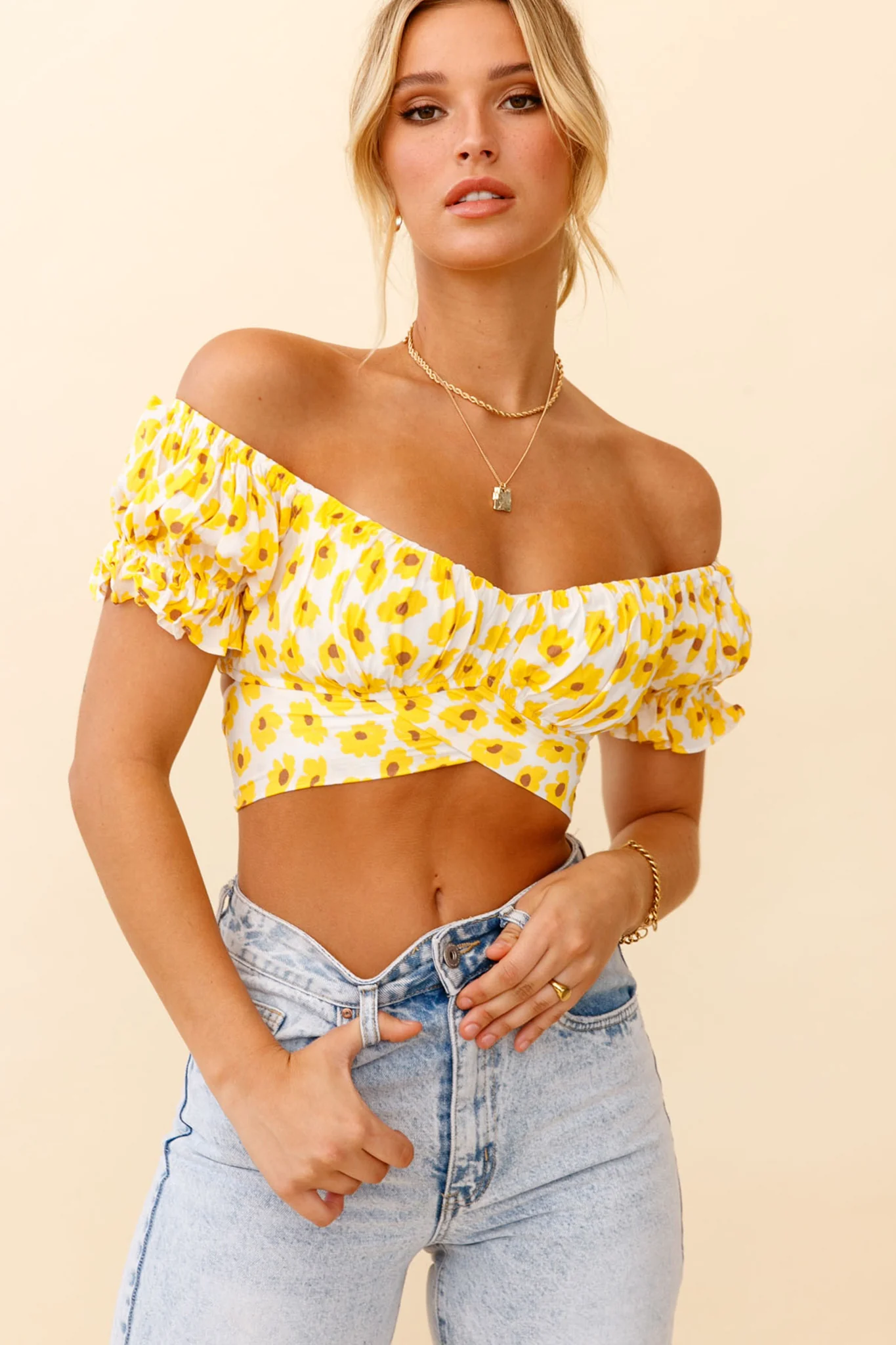 Linka Off-Shoulder Tie-Back Crop Top Flower Print Yellow - Image 5