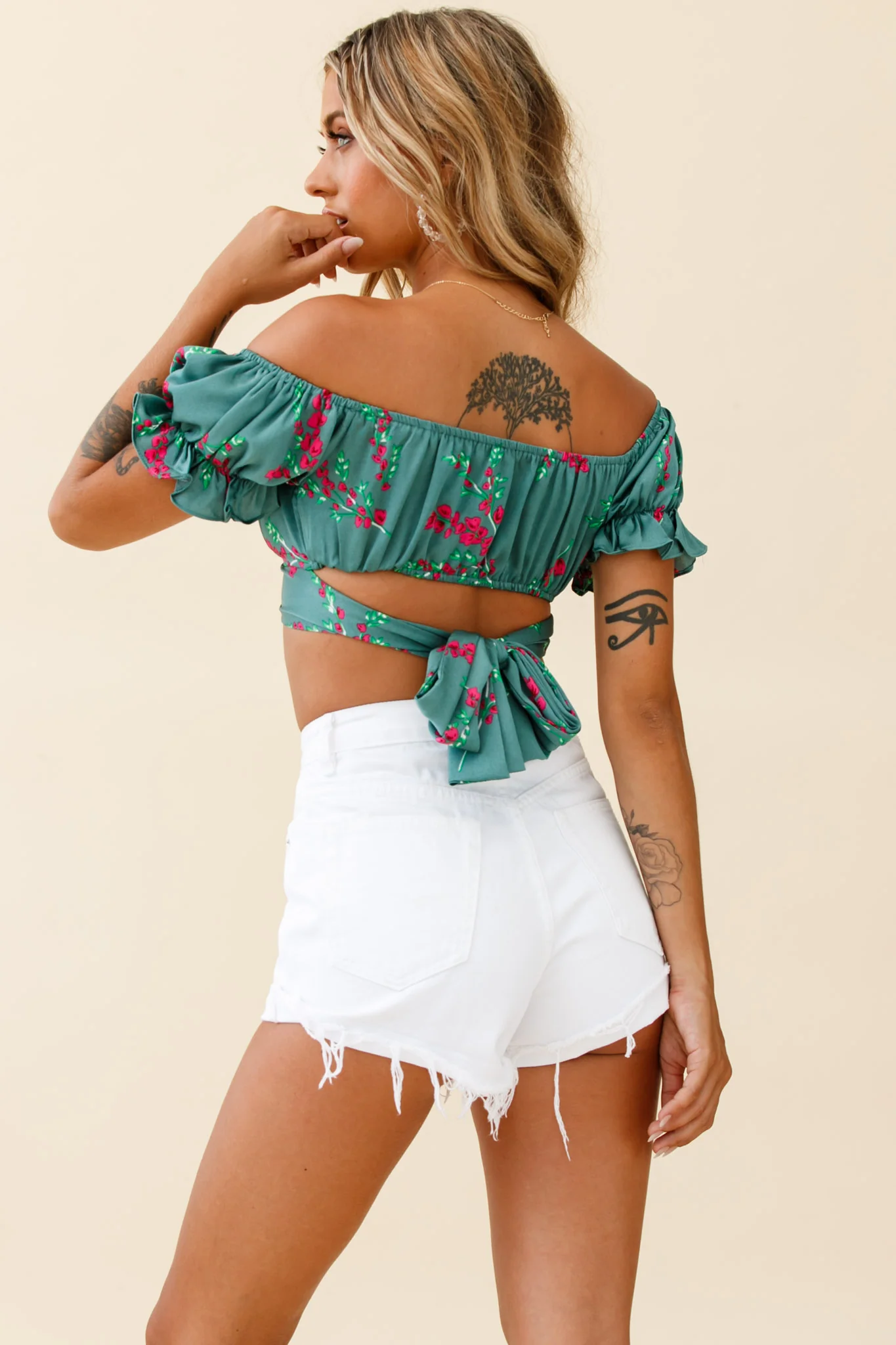 Linka Off-Shoulder Tie-Back Crop Top Pink Floral Print Sage - Image 2
