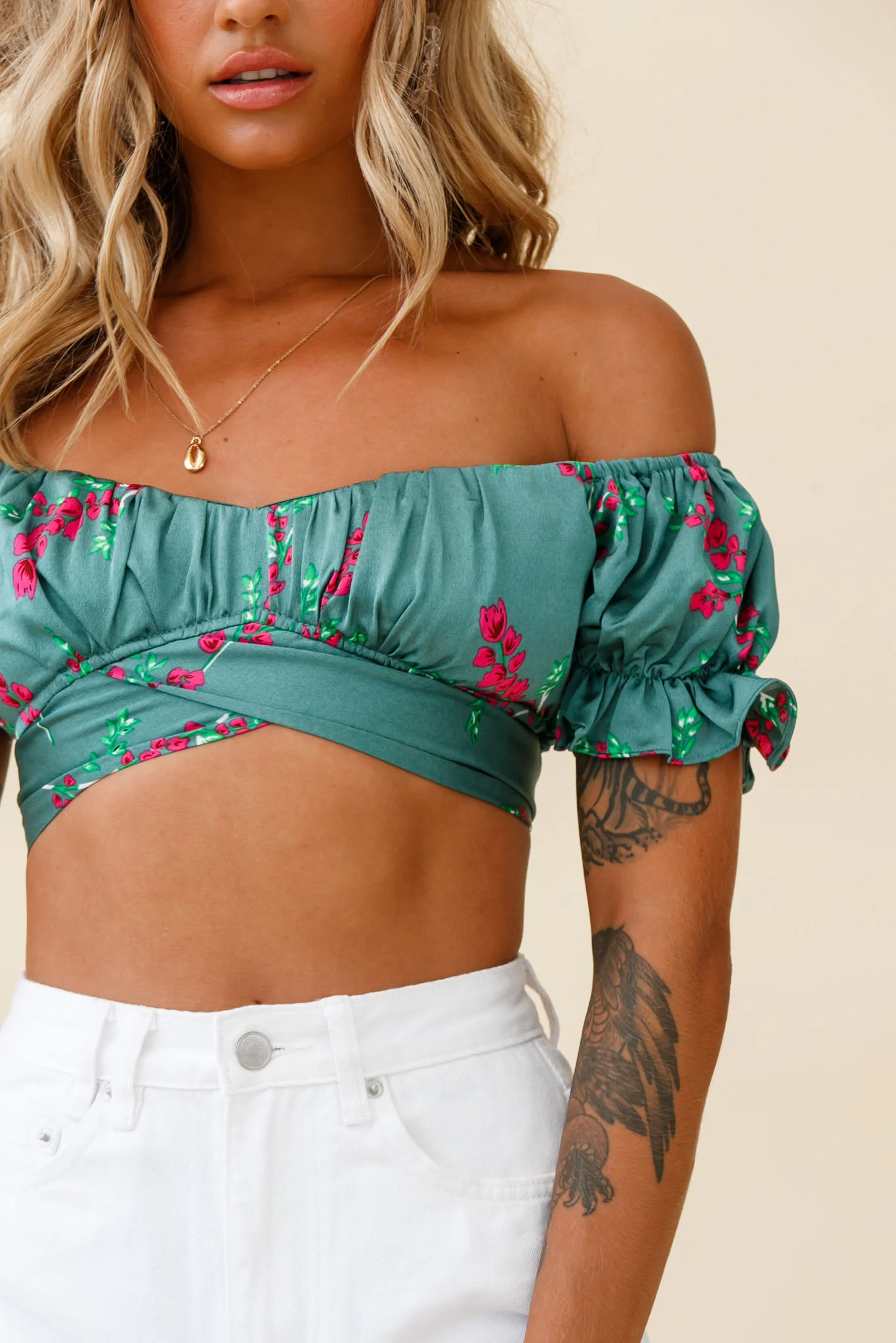 Linka Off-Shoulder Tie-Back Crop Top Pink Floral Print Sage - Image 4