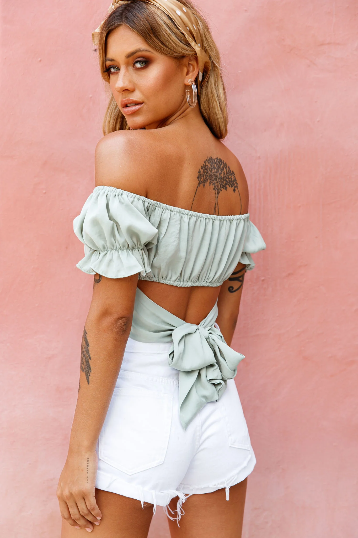 Linka Off-Shoulder Tie-Back Crop Top Pistachio - Image 3