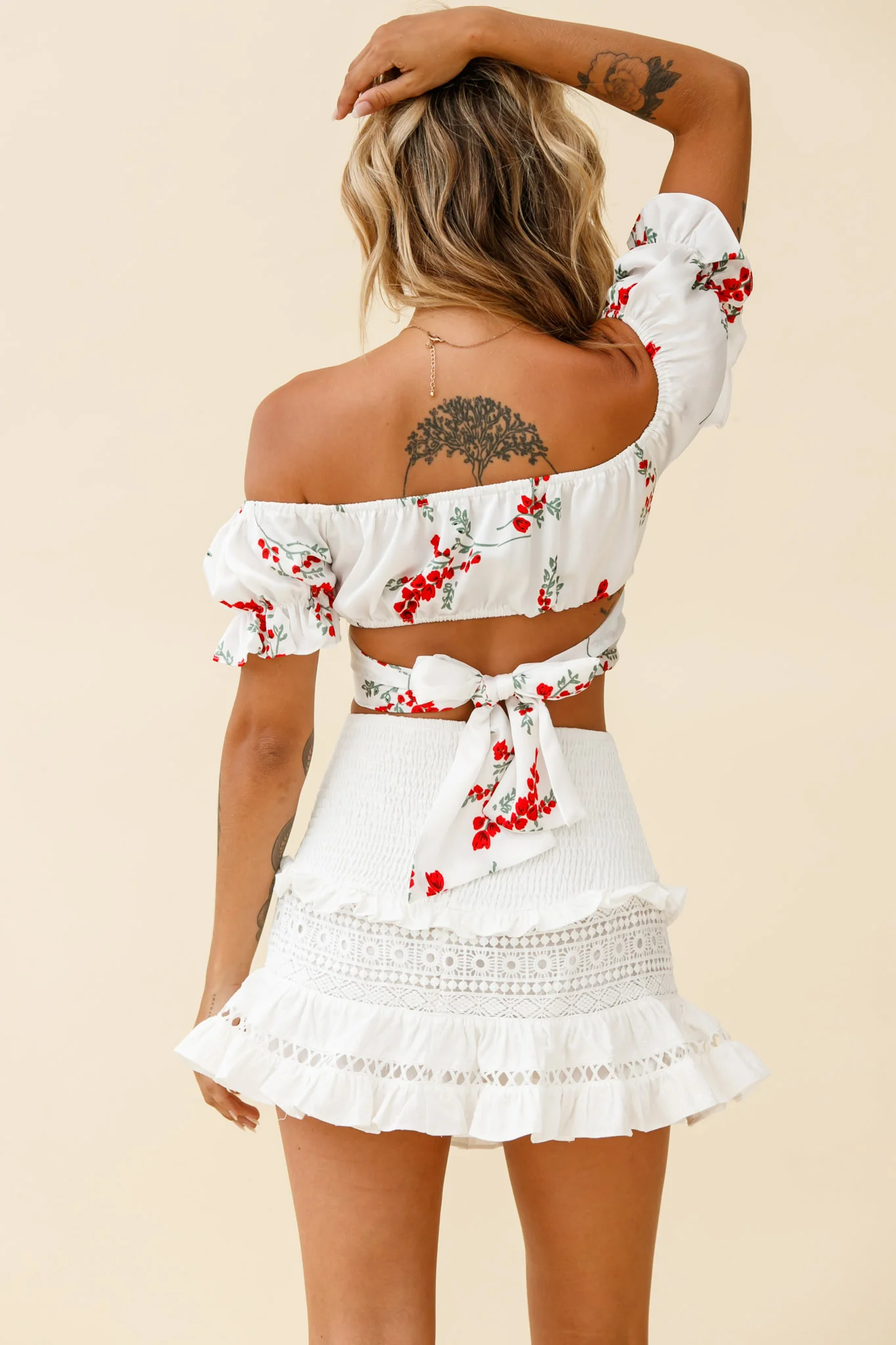 Linka Off-Shoulder Tie-Back Crop Top Red Floral Print White - Image 2