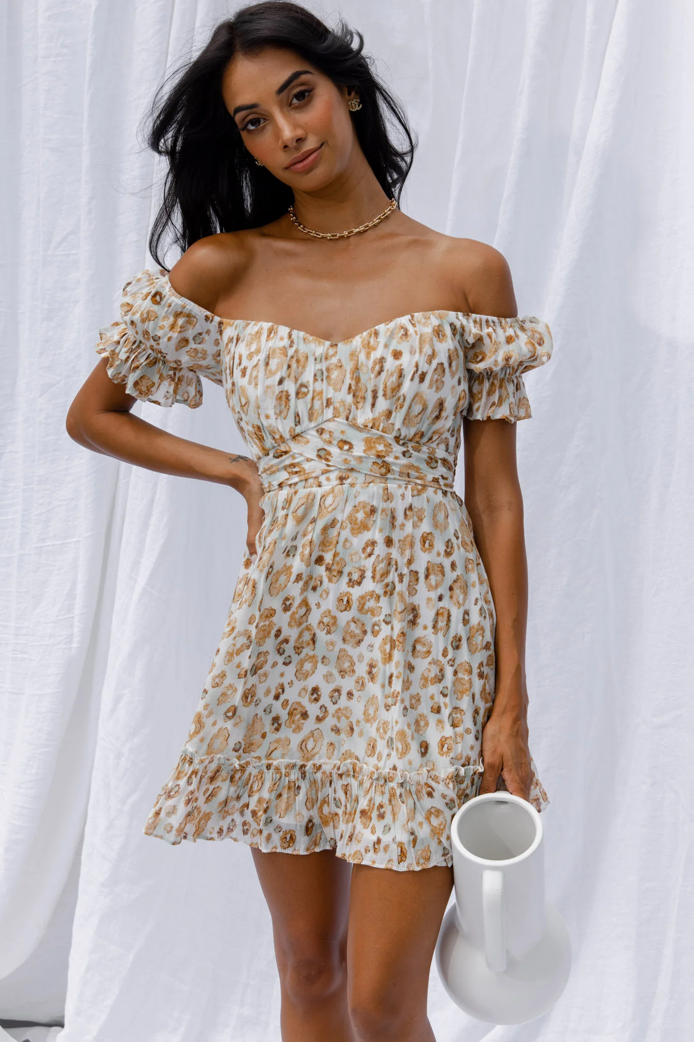 Linka Off-Shoulder Tie Back Dress Animal Print Sage - Image 4