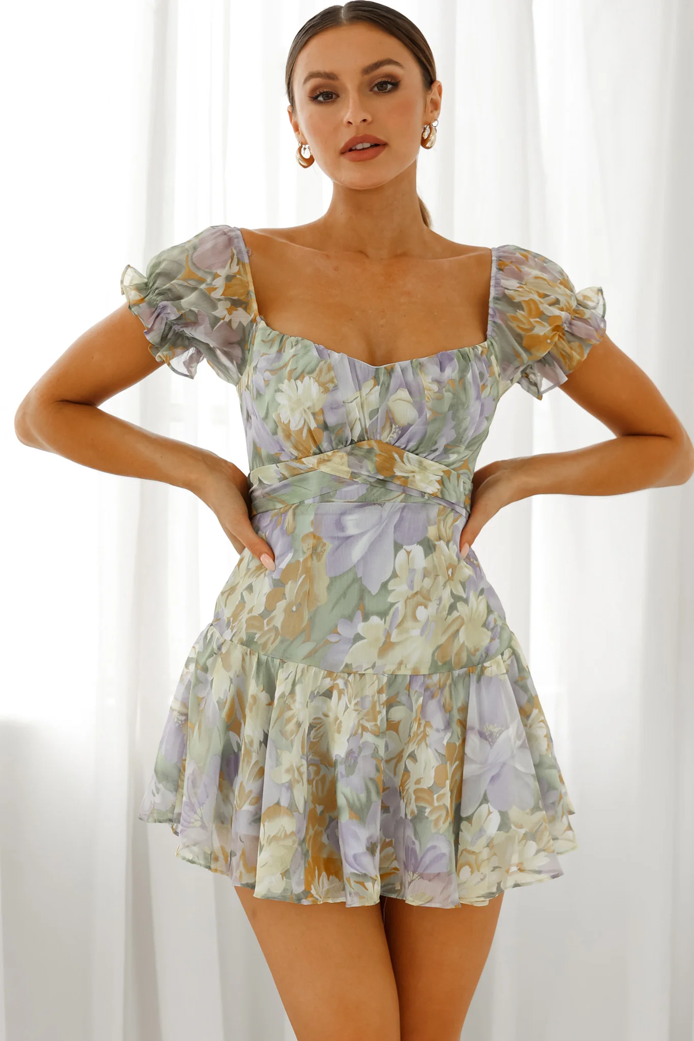 Linka Off-Shoulder Tie Back Fluted Hem Dress Floral Print Yellow - Image 5