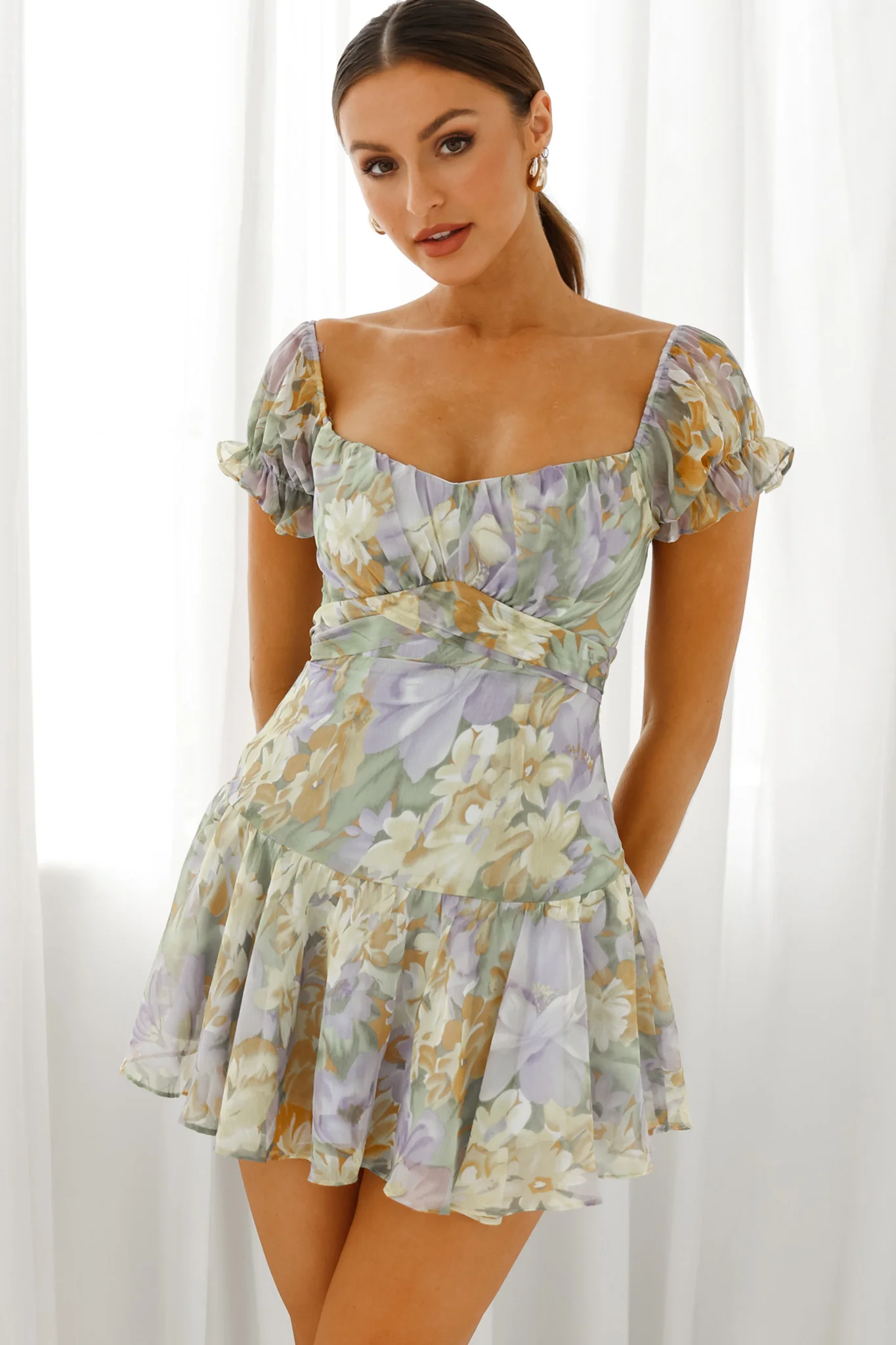 Linka Off-Shoulder Tie Back Fluted Hem Dress Floral Print Yellow - Image 8