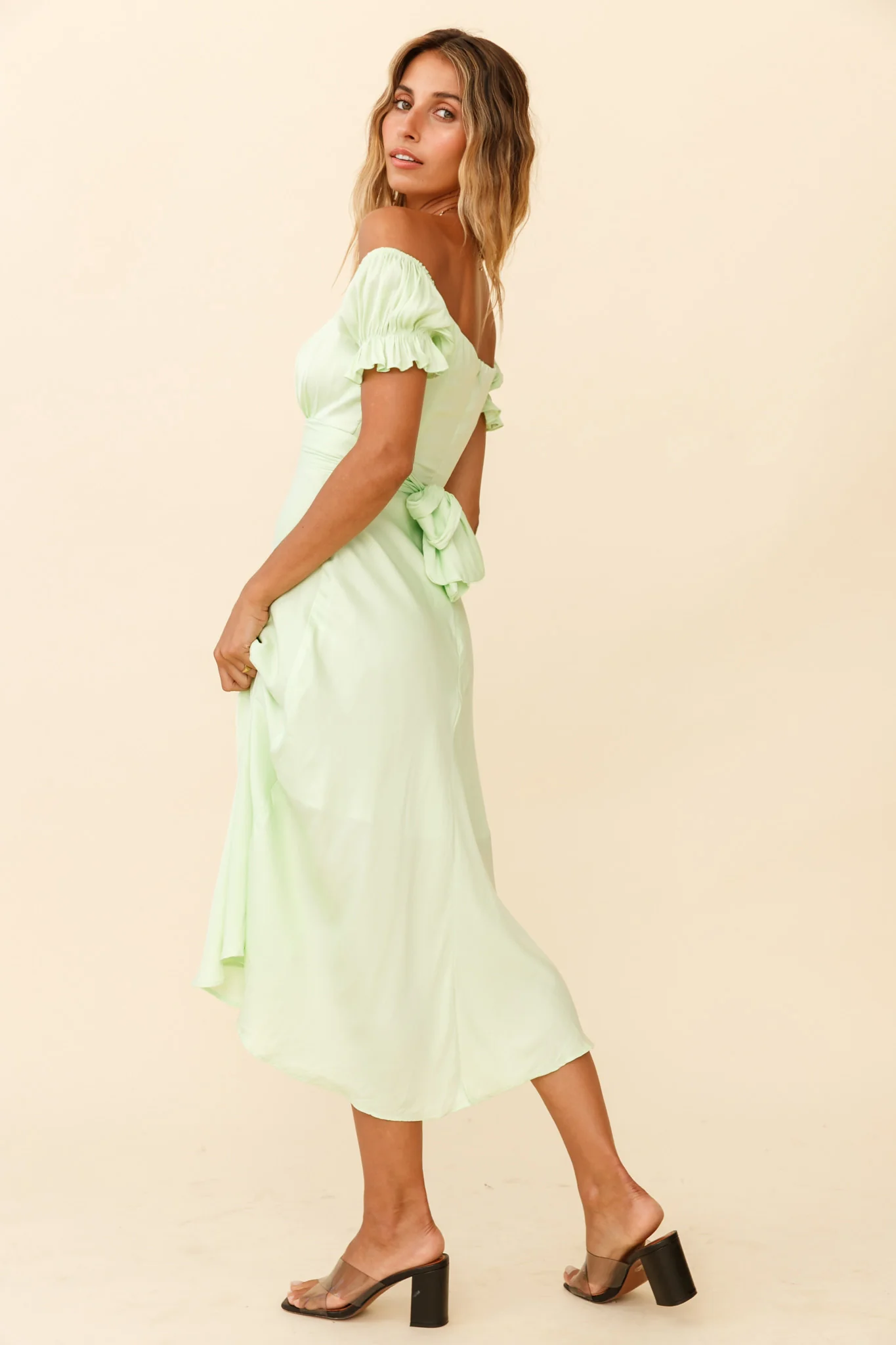 Linka Off-Shoulder Tie Back Midi Dress Apple - Image 2