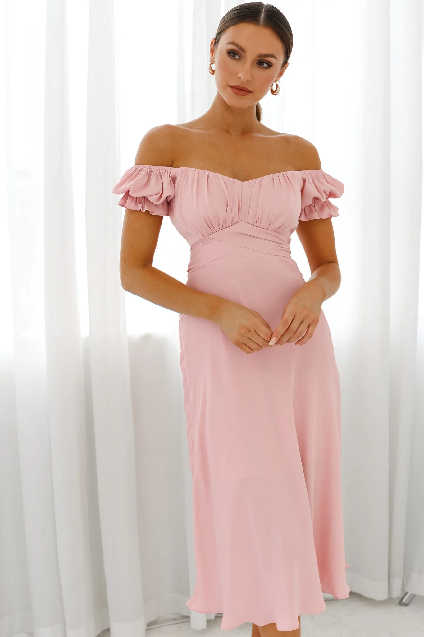 Linka Off-Shoulder Tie Back Midi Dress Blush - Image 3