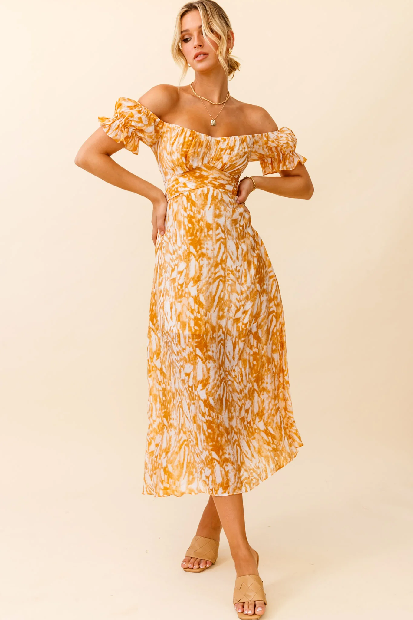 Linka Off-Shoulder Tie Back Midi Dress Printed Orange - Image 5