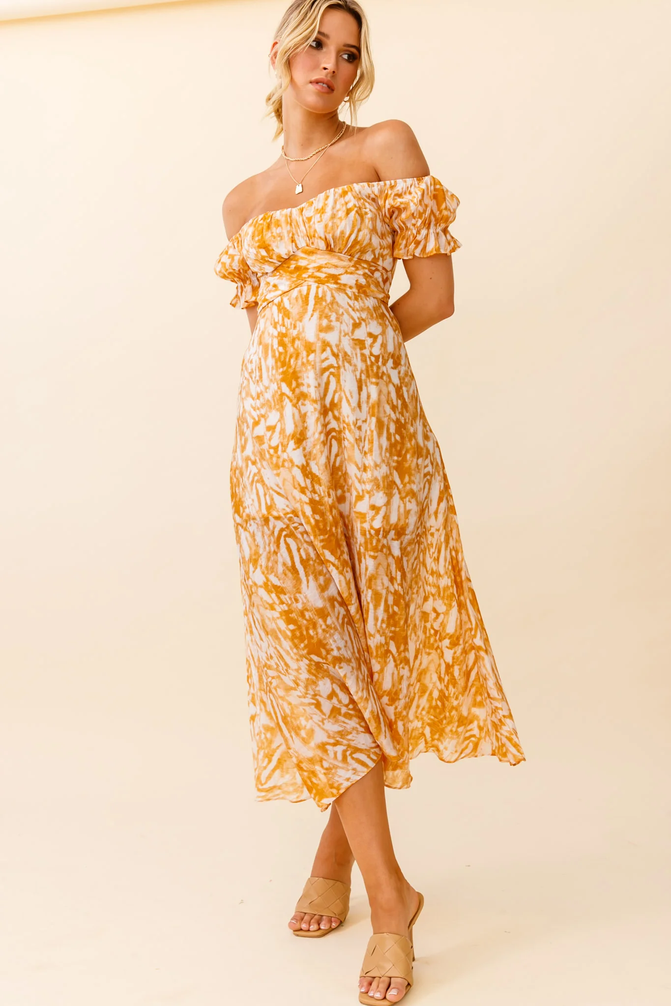 Linka Off-Shoulder Tie Back Midi Dress Printed Orange - Image 6